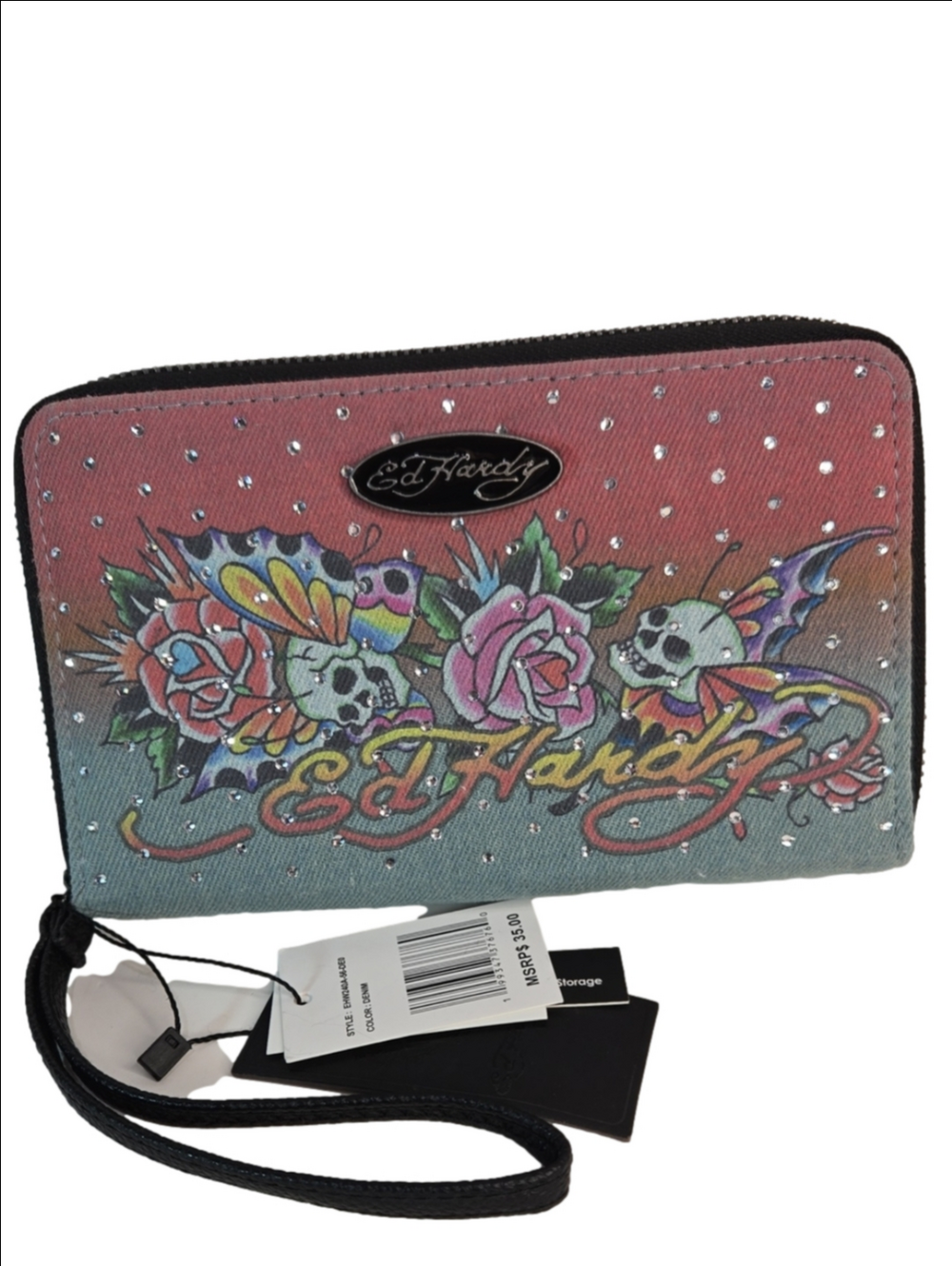 Ed Hardy Denim Gradient Rhinestone Wristlet Wallet - Pink and Teal